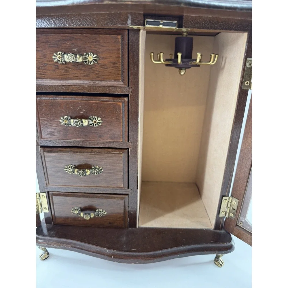 Vtg Wood Jewelry Armoire Glass Etched Doors Rotating Carousel Claw Feet 4 Drawer